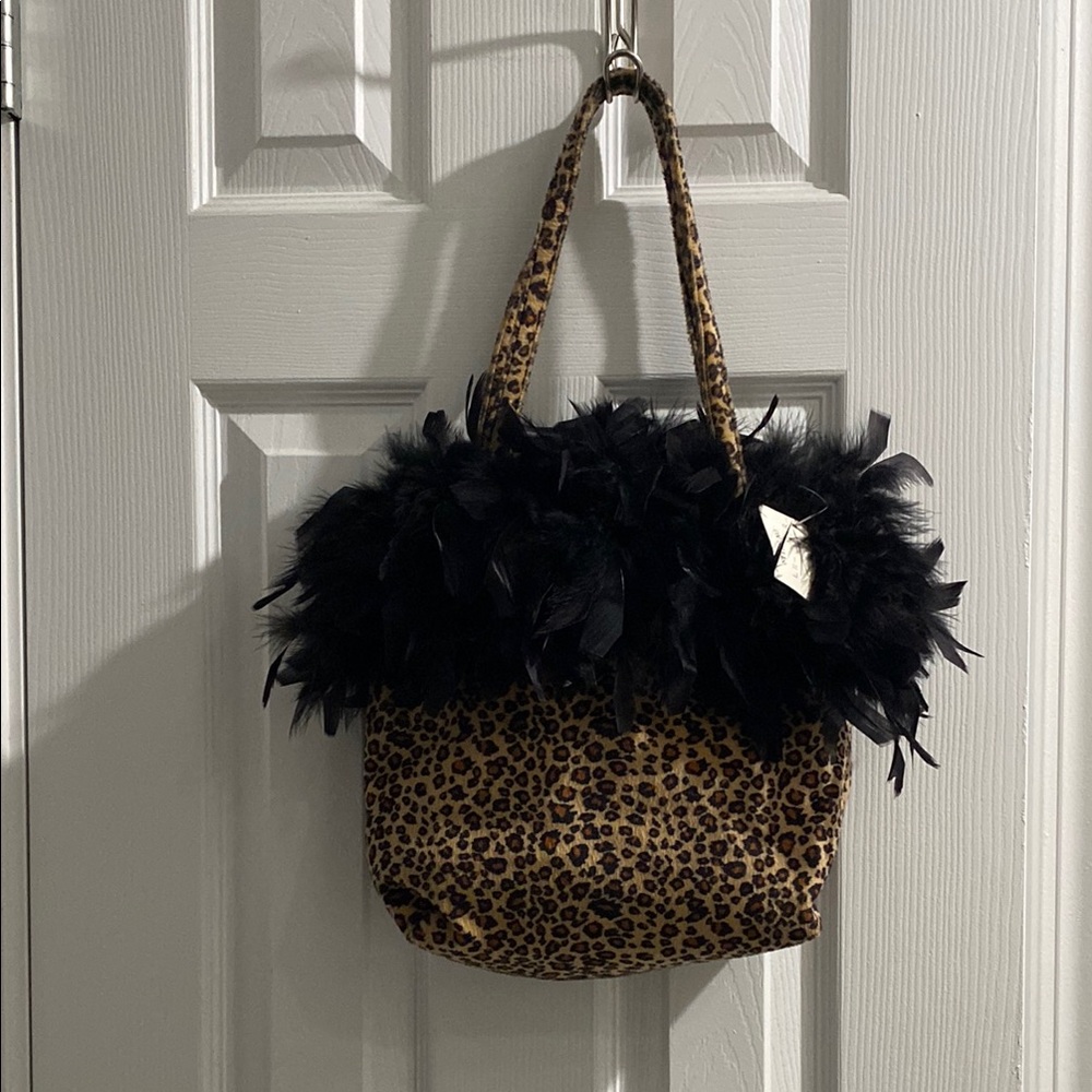 Brown and Black Leopard Print Tote with Feather Trim